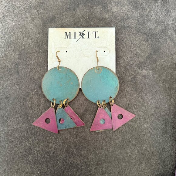 Mixit Vintage Geometric Dangle Earrings With Green & Pink Metal Shapes - Picture 1 of 2
